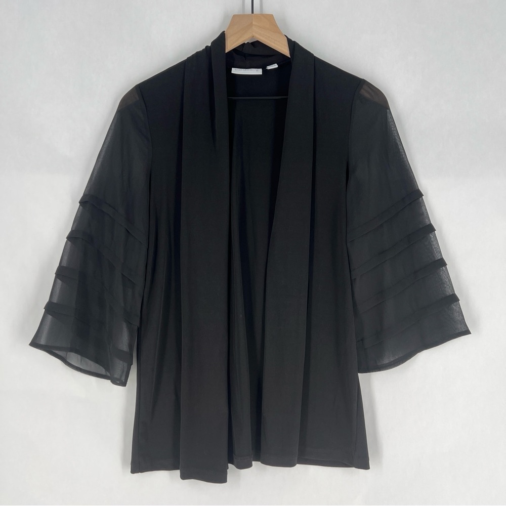 Susan Graver Black Liquid Knit Open‎ Front Cardigan Sheer Flare 3/4 Sleeves S